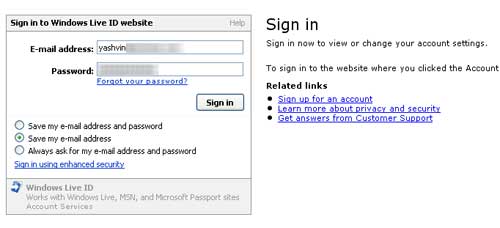 Sign into windows live web site