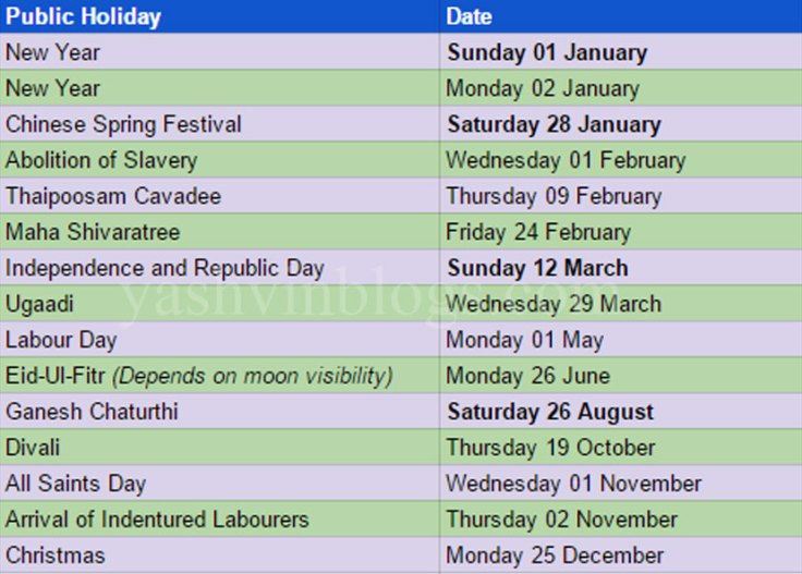 Public Holiday 2017 for Mauritius
